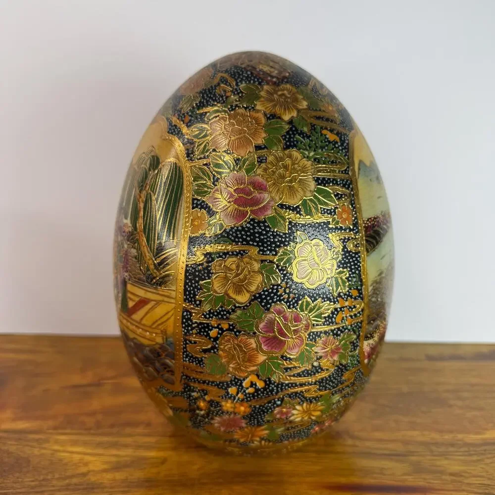 Satsuma Ceramic Egg Gold Trim Geisha Boat Landscape Asian Hand Painted